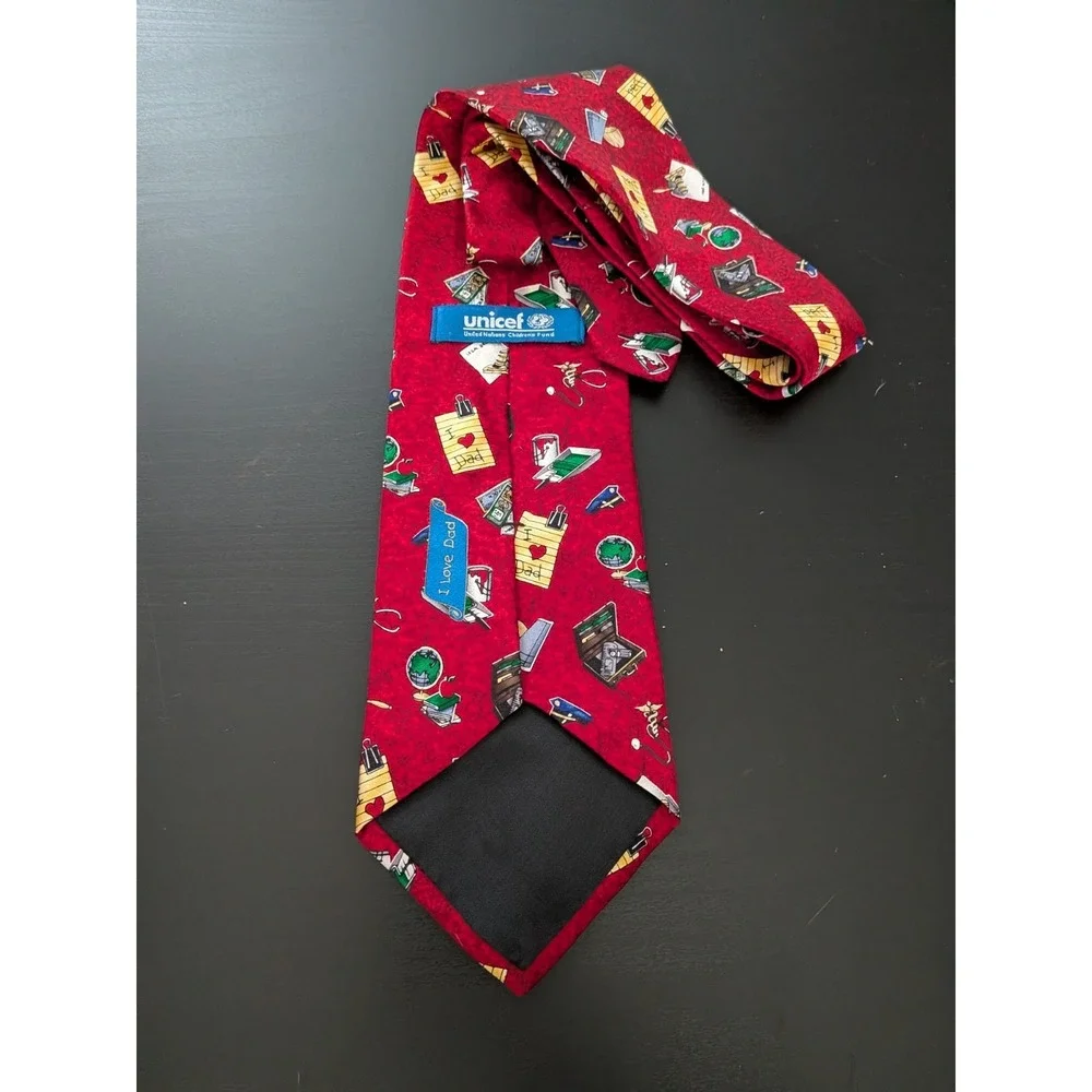 Vintage UNICEF Dad Tie Red Silk Necktie USA Made 57
